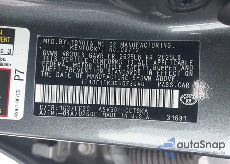 2012 Toyota Camry Se from USA, damaged, VIN 4T1BF1FK3CU073040